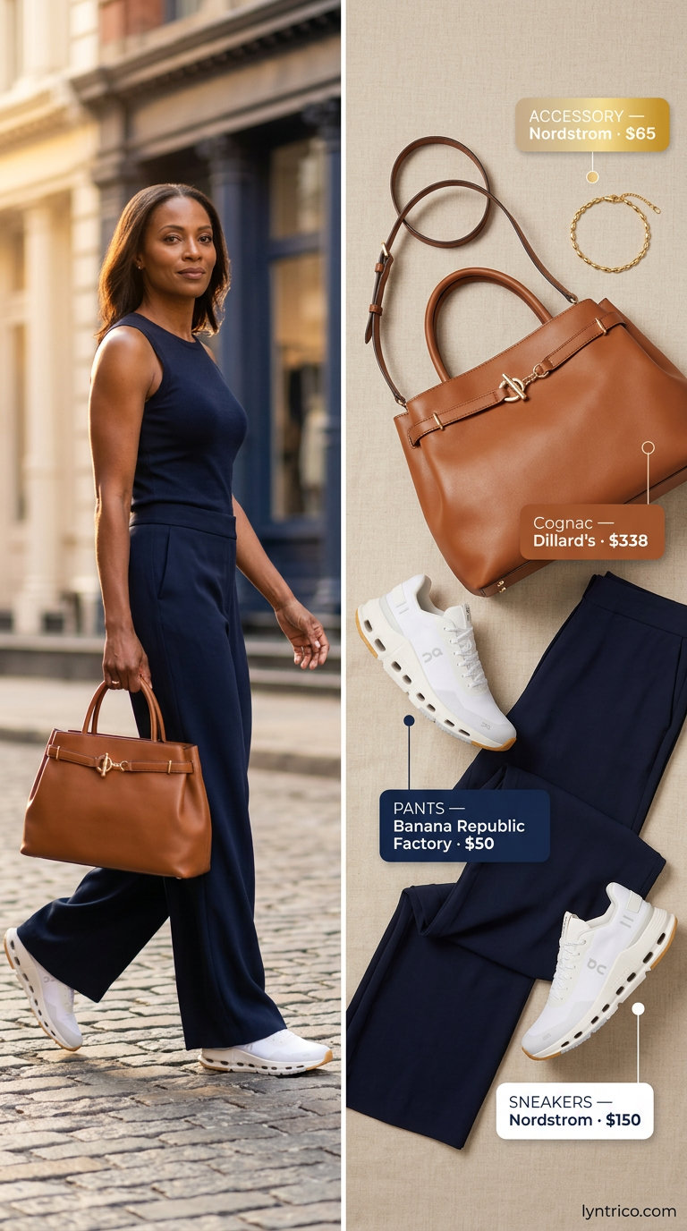 Sporty chic summer outfits 2026: White shirt, navy wide-leg pants, and sneakers for smart casual.