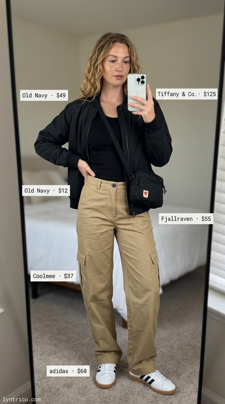 Sporty chic summer outfits 2026: Cargo pants, tank, bomber jacket, and sneakers for commuter style.