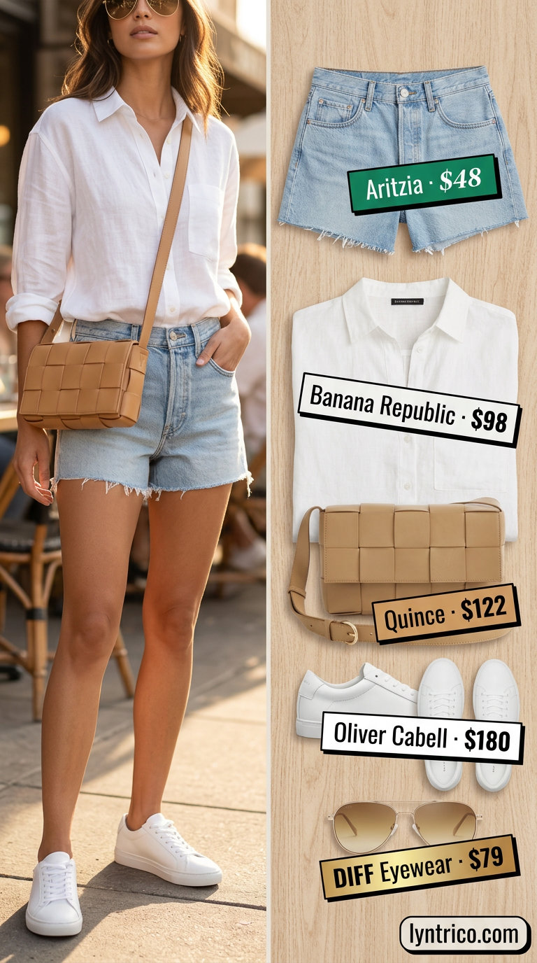 Denim shorts and oversized shirt with white sneakers for sporty chic summer outfits 2026.