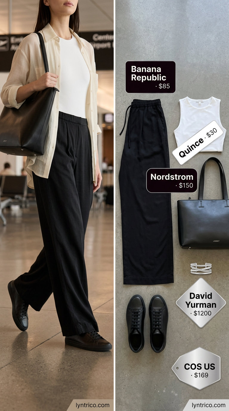 Sporty chic summer outfits 2026: Wide-leg trousers, bodysuit, and sneakers for elevated athleisure.