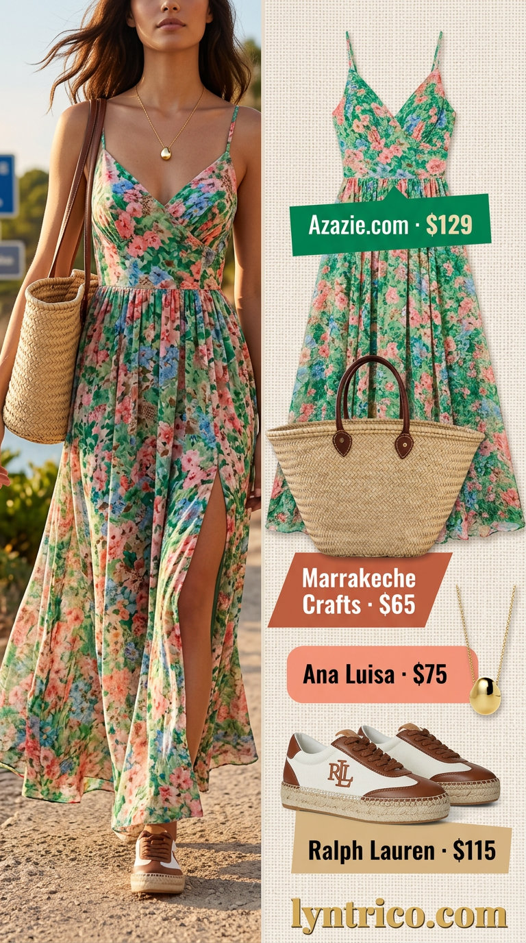 Bohemian floral maxi dress with espadrille sneakers for sporty chic summer outfits 2026.