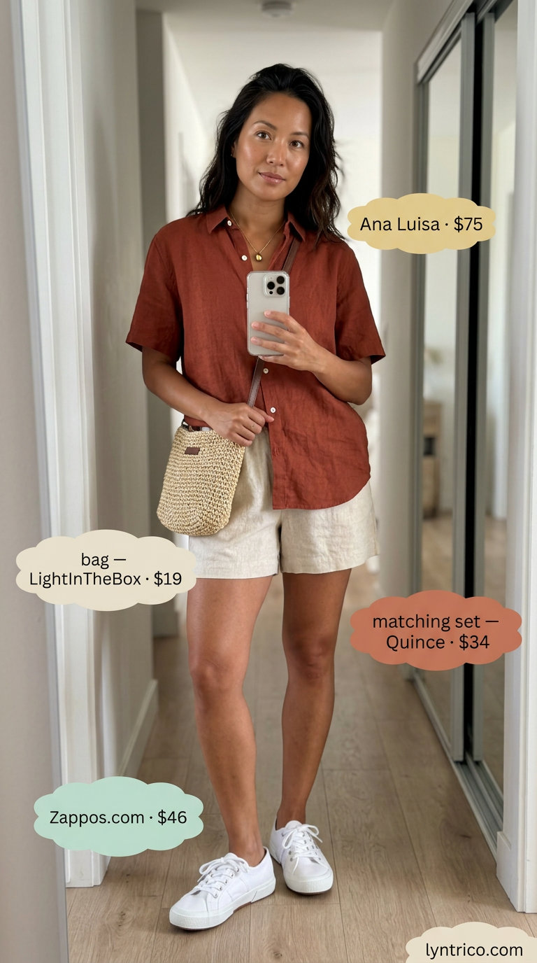 Terracotta linen matching set with white sneakers for sporty chic summer outfits 2026.