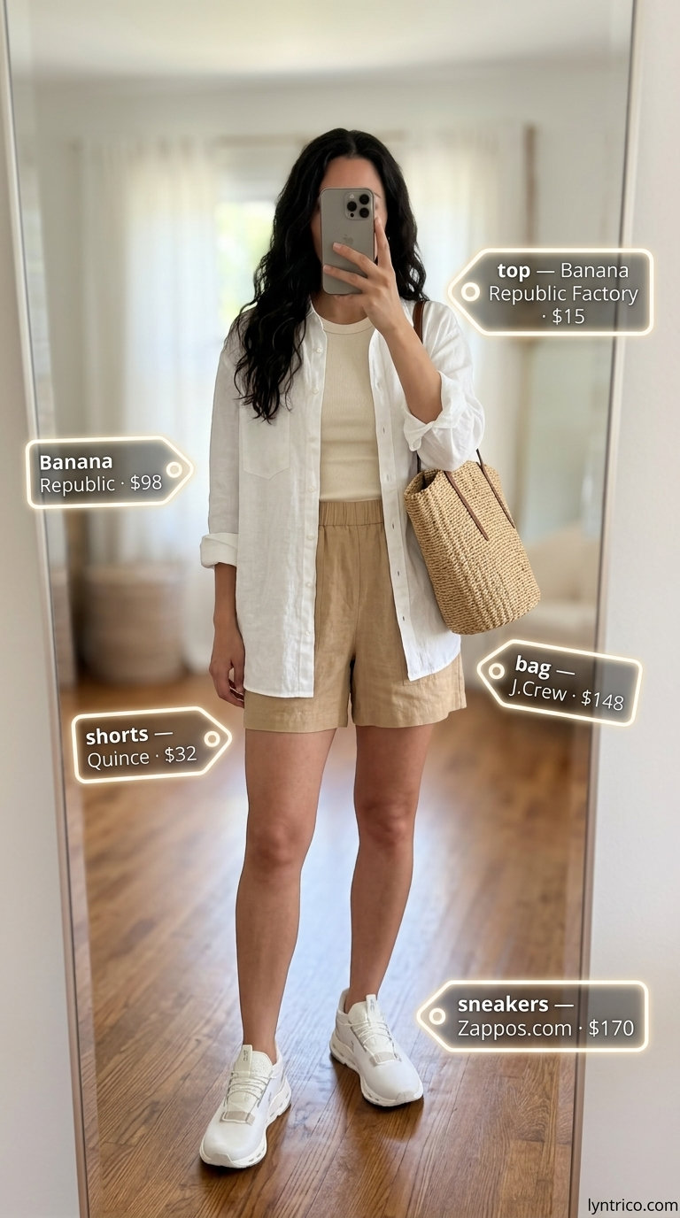Sporty chic summer outfits 2026: Linen shorts, oversized shirt, and sneakers for effortless style.