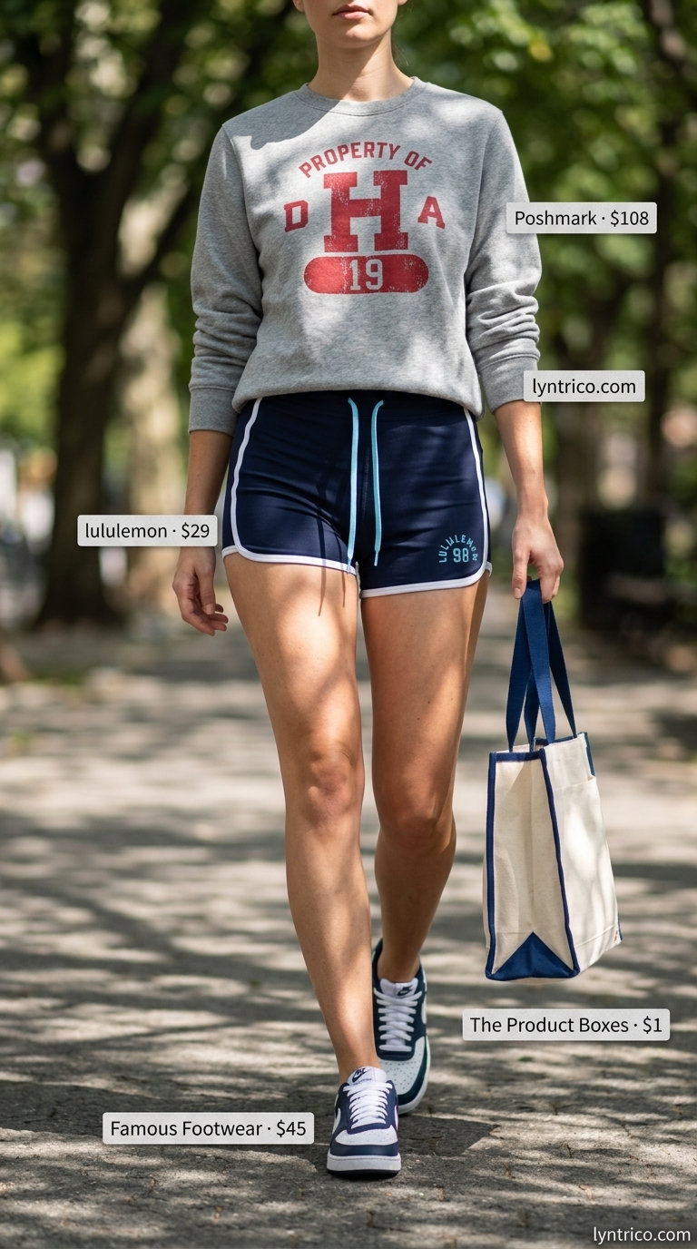 Retro sporty outfit with grey sweatshirt, navy shorts, and sneakers for sporty chic summer outfits 2026.