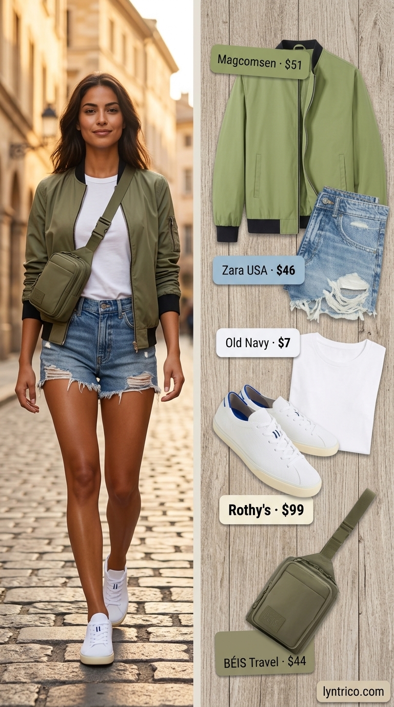 Sporty chic summer outfits 2026: Denim shorts, bomber jacket, and sneakers for city exploration.