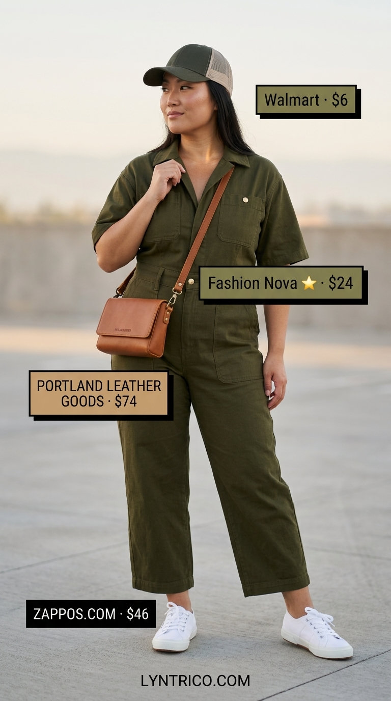 Olive green utility jumpsuit with canvas sneakers for sporty chic summer outfits 2026.
