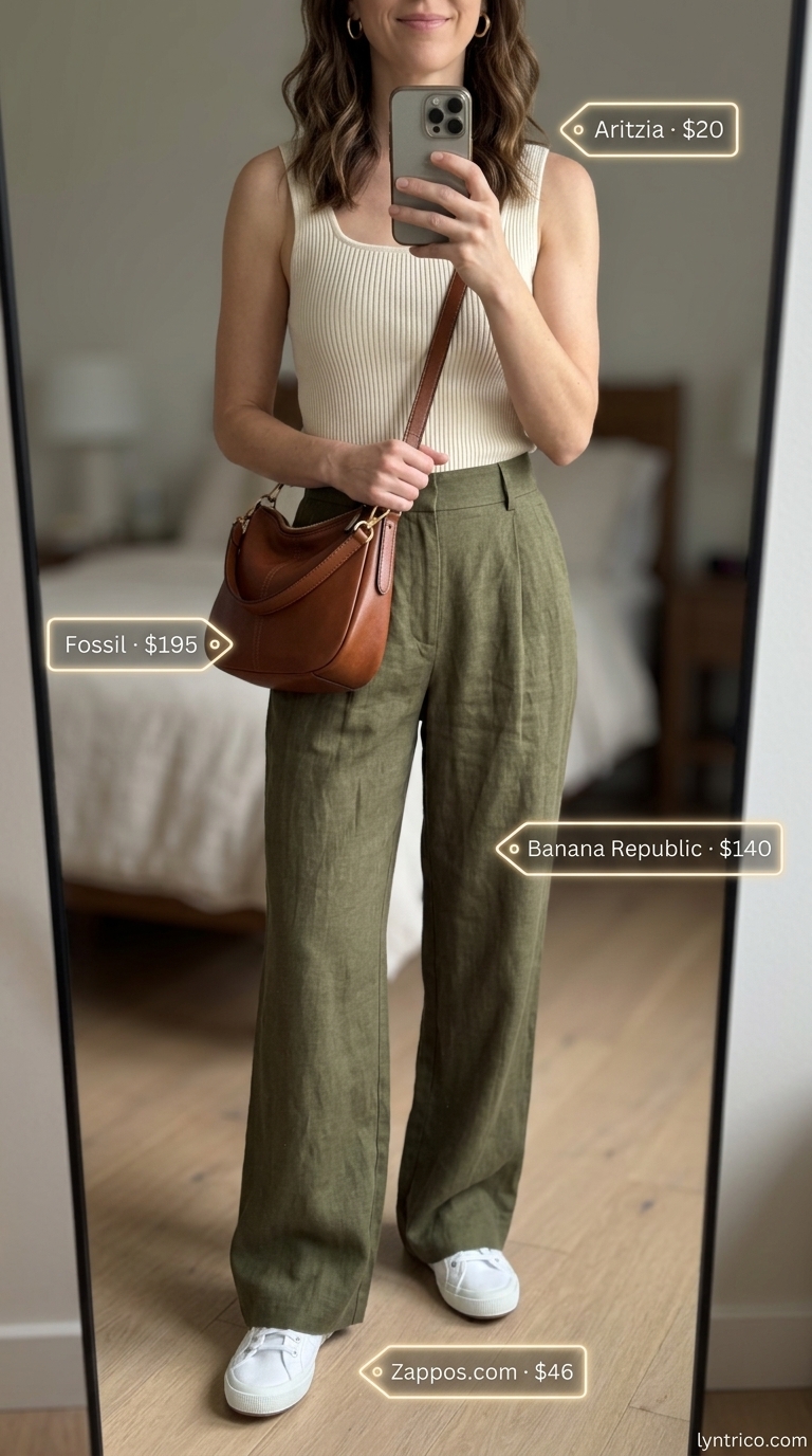 Olive green wide-leg trousers with cream top and white sneakers for sporty chic summer outfits 2026.