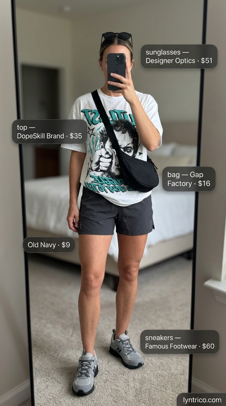 Sporty chic summer outfit 2026: Athletic shorts, graphic tee, zip-up jacket, performance sneakers, sunglasses.