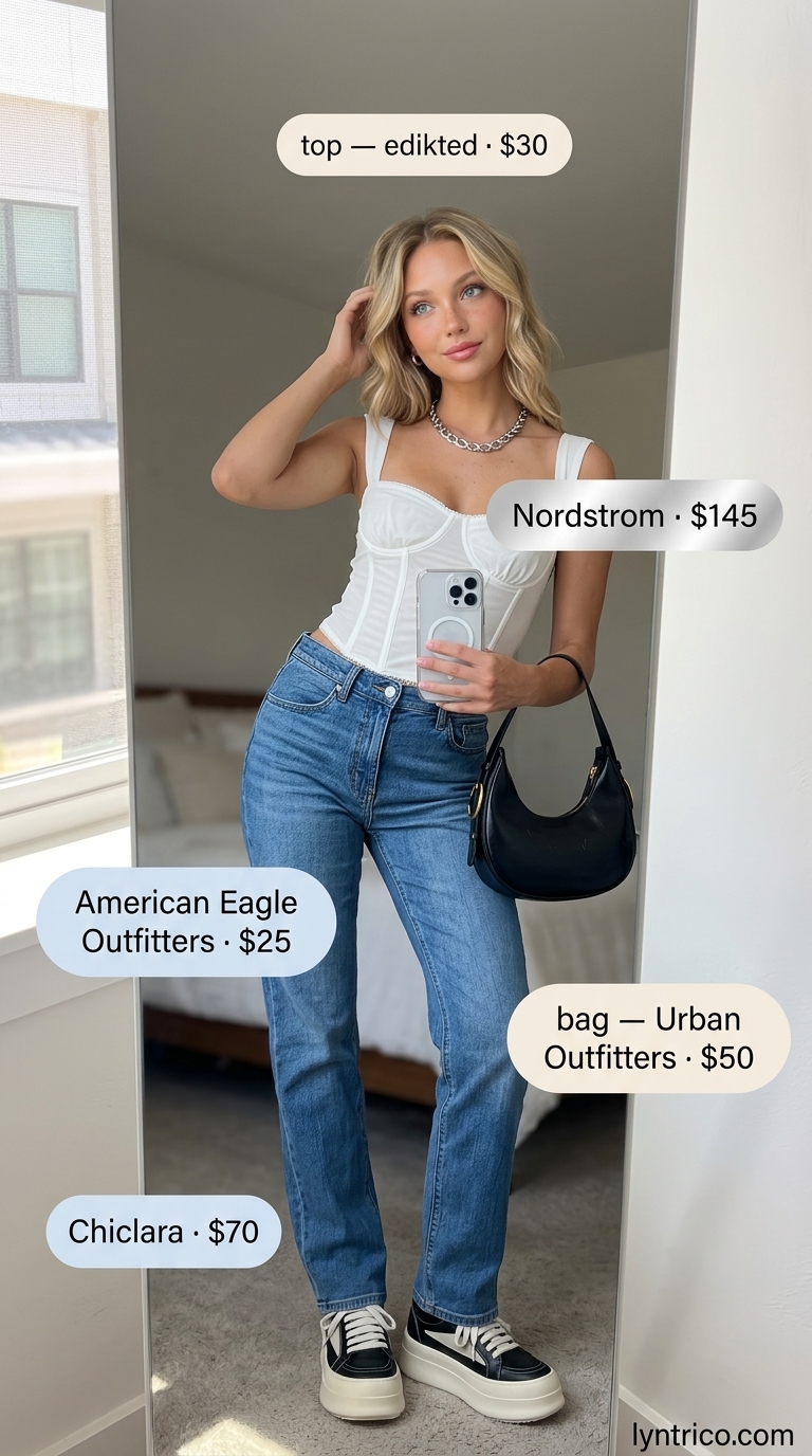 Sporty chic summer outfit 2026: High-waisted denim jeans, white corset top, chunky sneakers, and silver necklace.