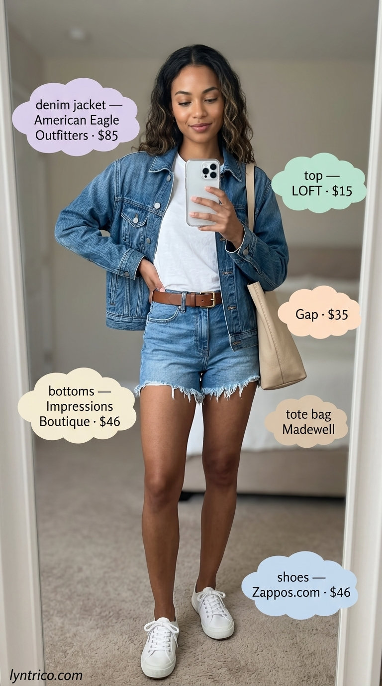 Sporty chic summer outfit 2026: Denim shorts, white tee, denim jacket, canvas sneakers, and brown belt.