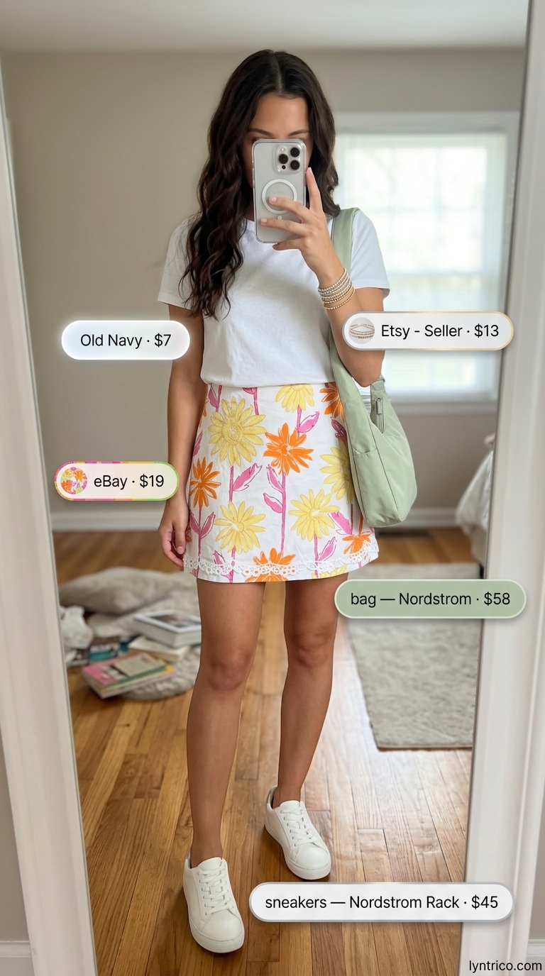 Sporty chic summer outfit 2026: Floral mini skirt, white tee, canvas sneakers, and green crossbody bag.