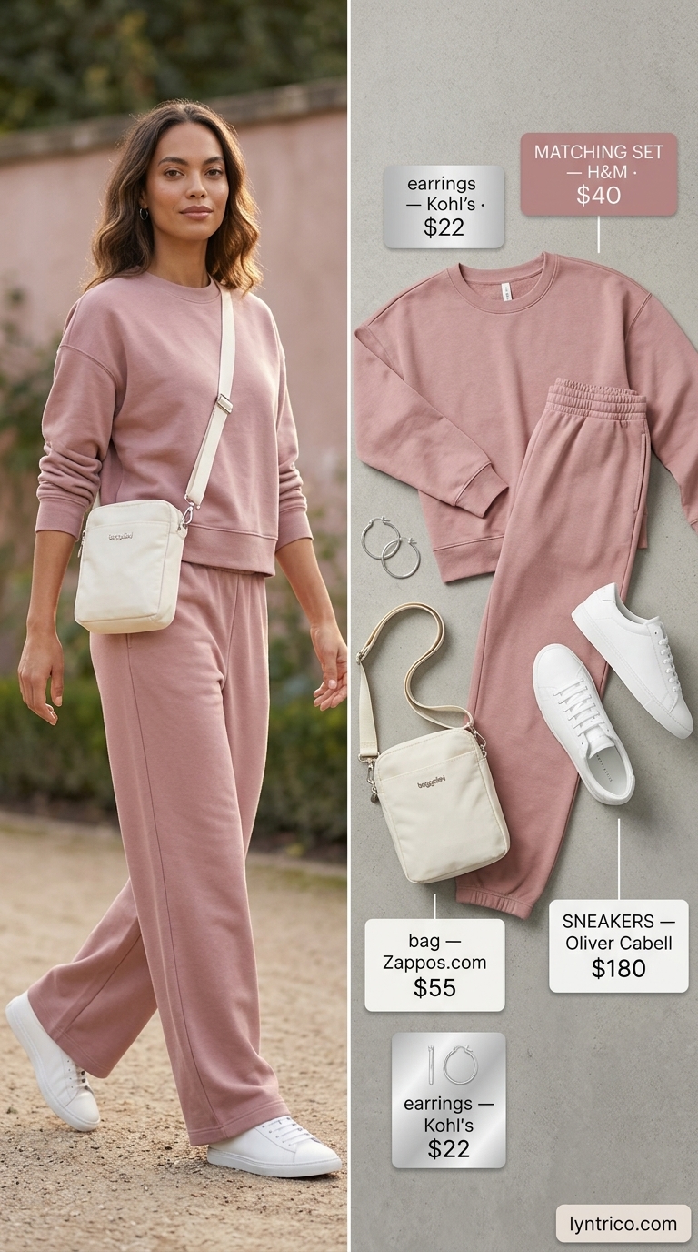 Sporty chic summer outfit 2026: Dusty rose knit set, white sneakers, and silver hoop earrings for travel.