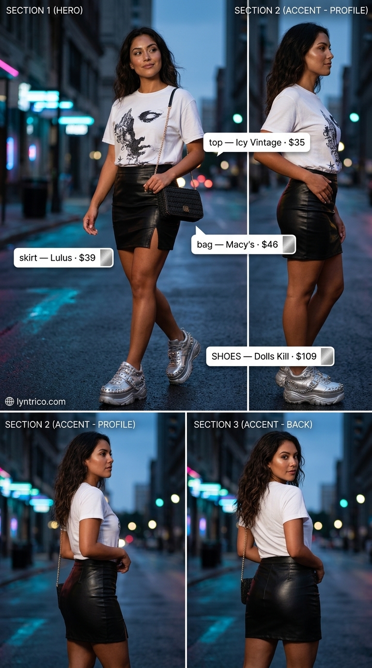 Sporty chic summer outfit 2026: Faux leather mini skirt, graphic tee, chunky sneakers, and crossbody bag.