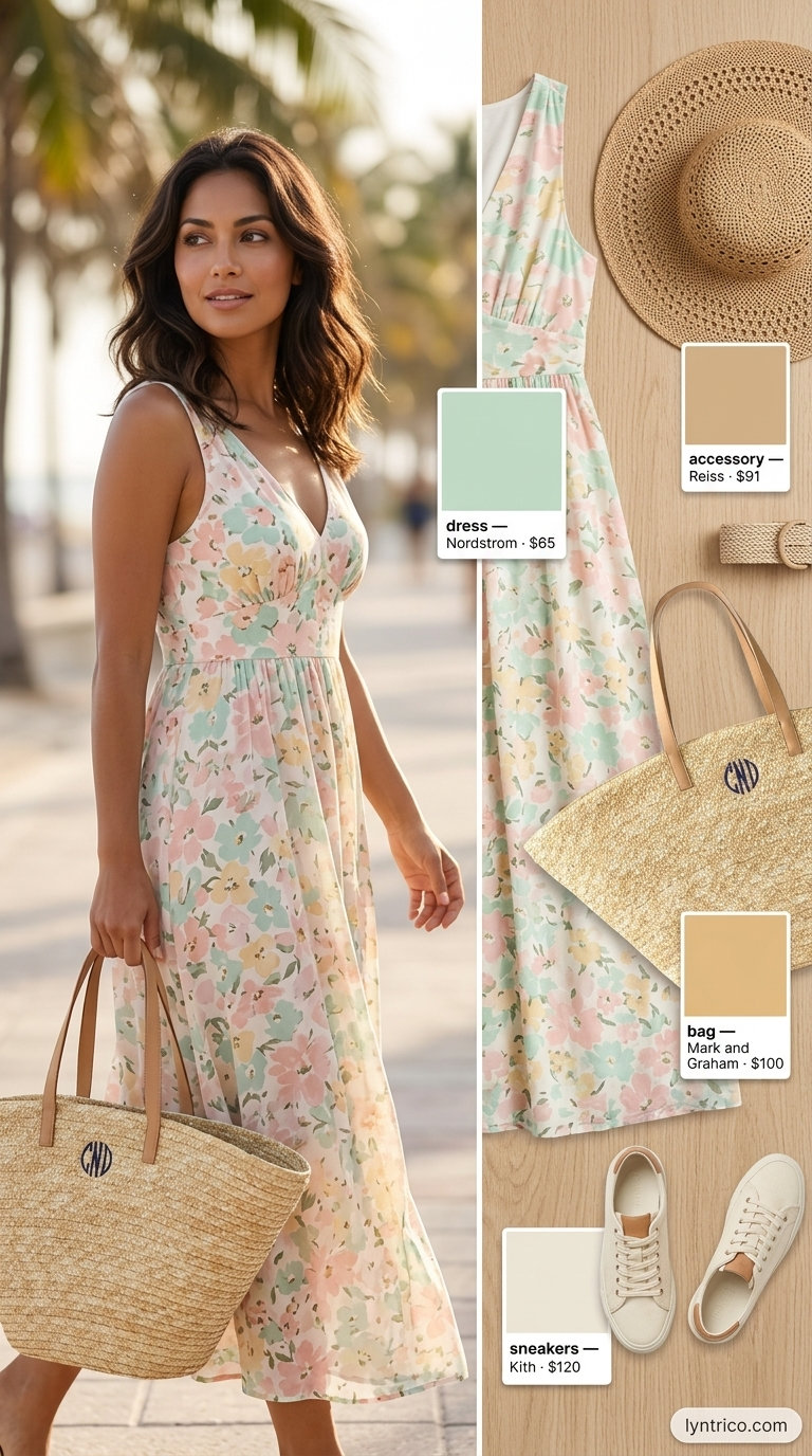 Sporty chic summer outfit 2026: Maxi dress, straw hat, straw tote, and sneakers (not pictured).