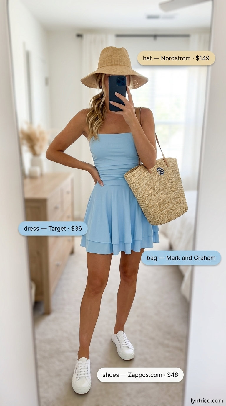 Sporty chic summer outfit 2026: White sundress, canvas sneakers, straw hat, and straw tote.