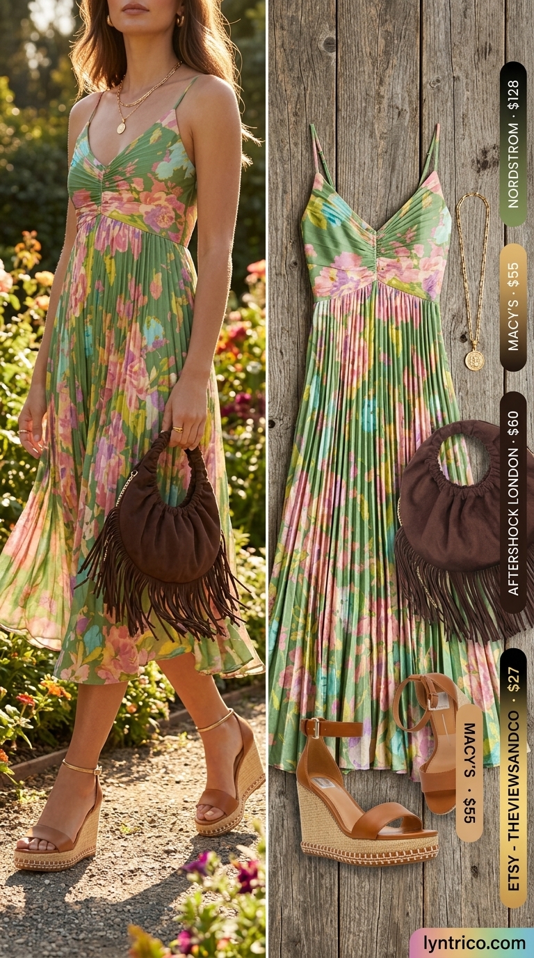 Olive green floral A-line sleeveless midi dress for women 2026, perfect for garden brunches and casual outings.