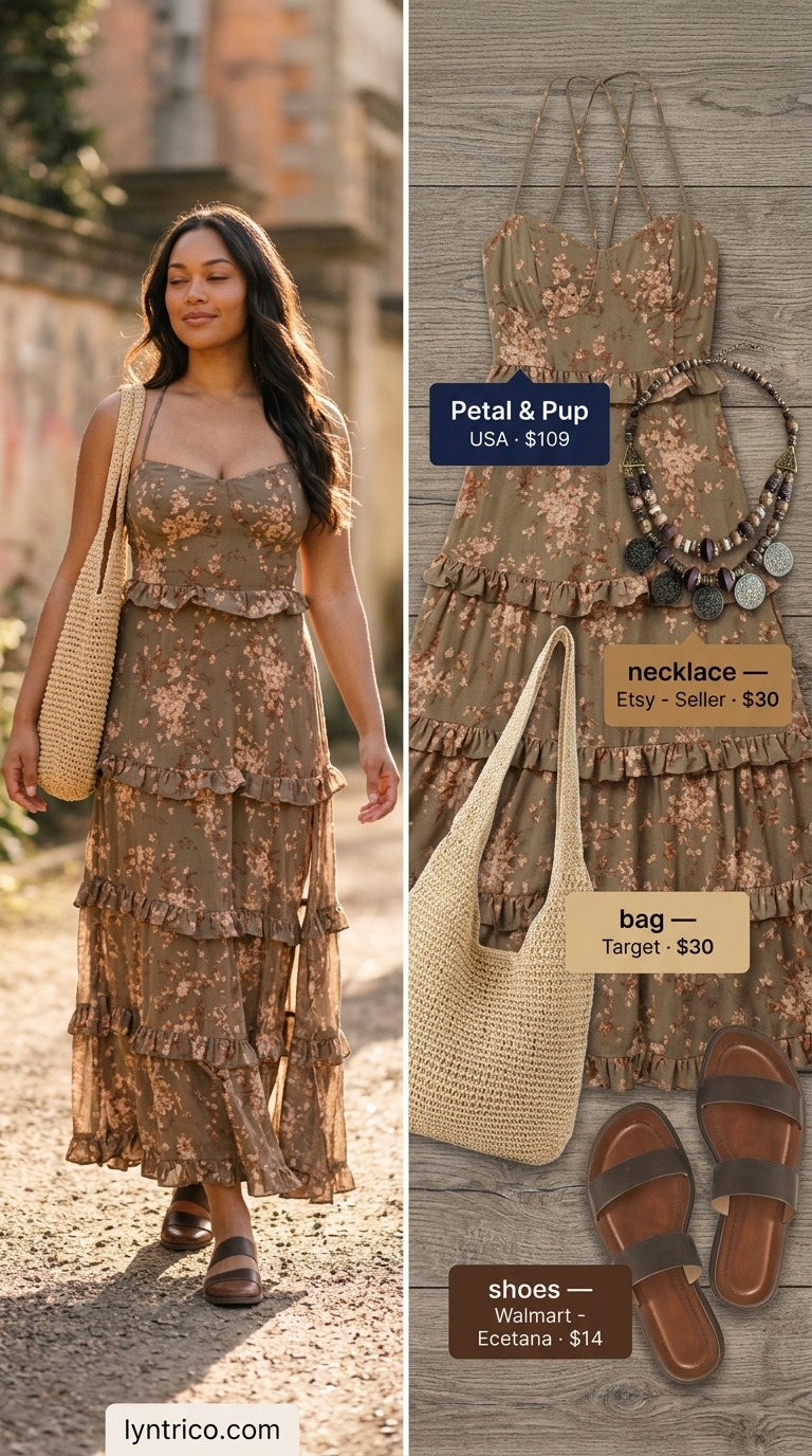 Bohemian summer A-line sleeveless dress for women 2026 in cream with rust floral print, paired with straw bag and sandals.