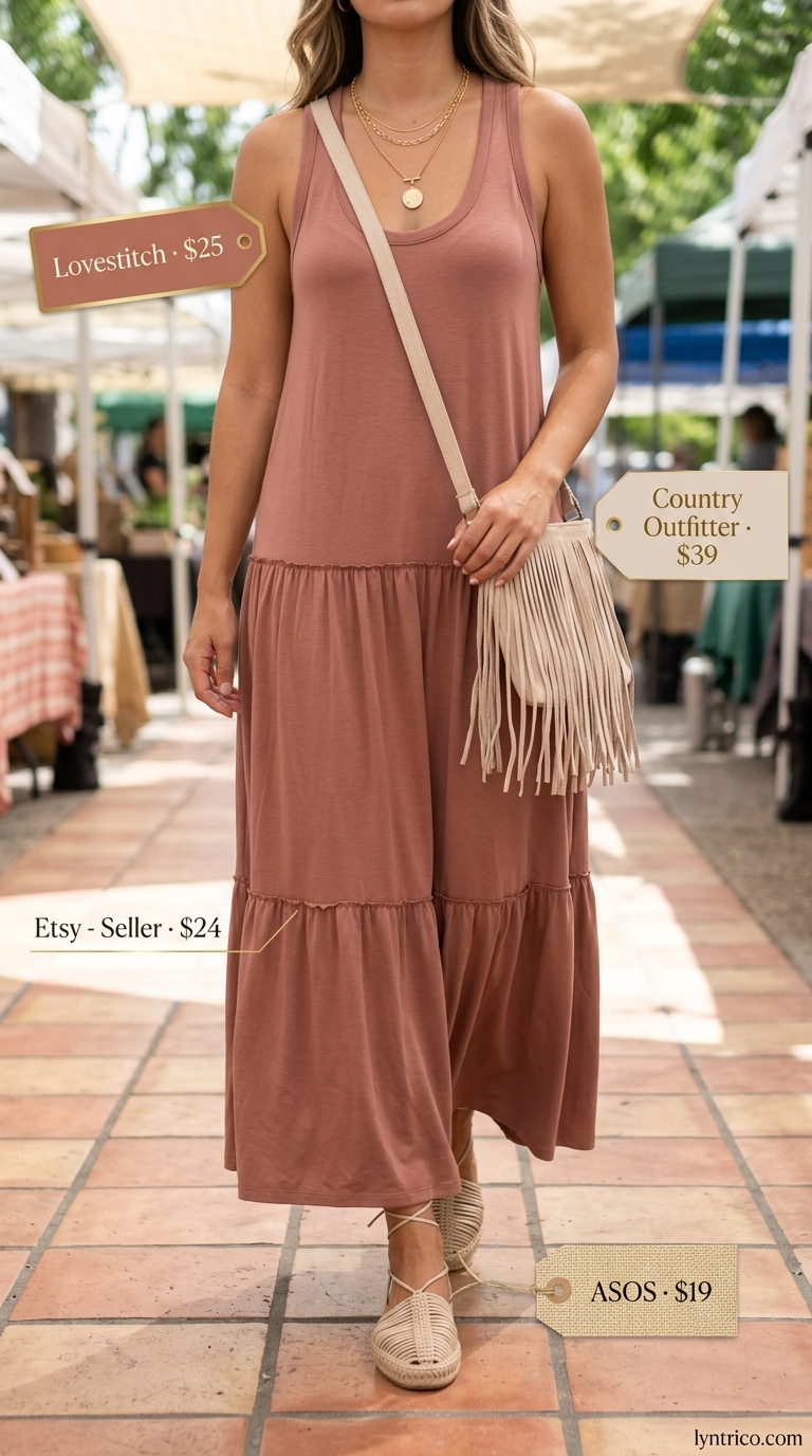Terracotta tiered A-line maxi dress for women 2026, perfect for casual daytime and summer festivals.