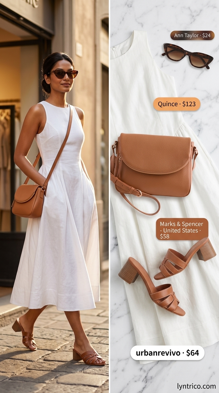 Crisp white linen A-line sleeveless dress for women 2026, styled for city sightseeing.