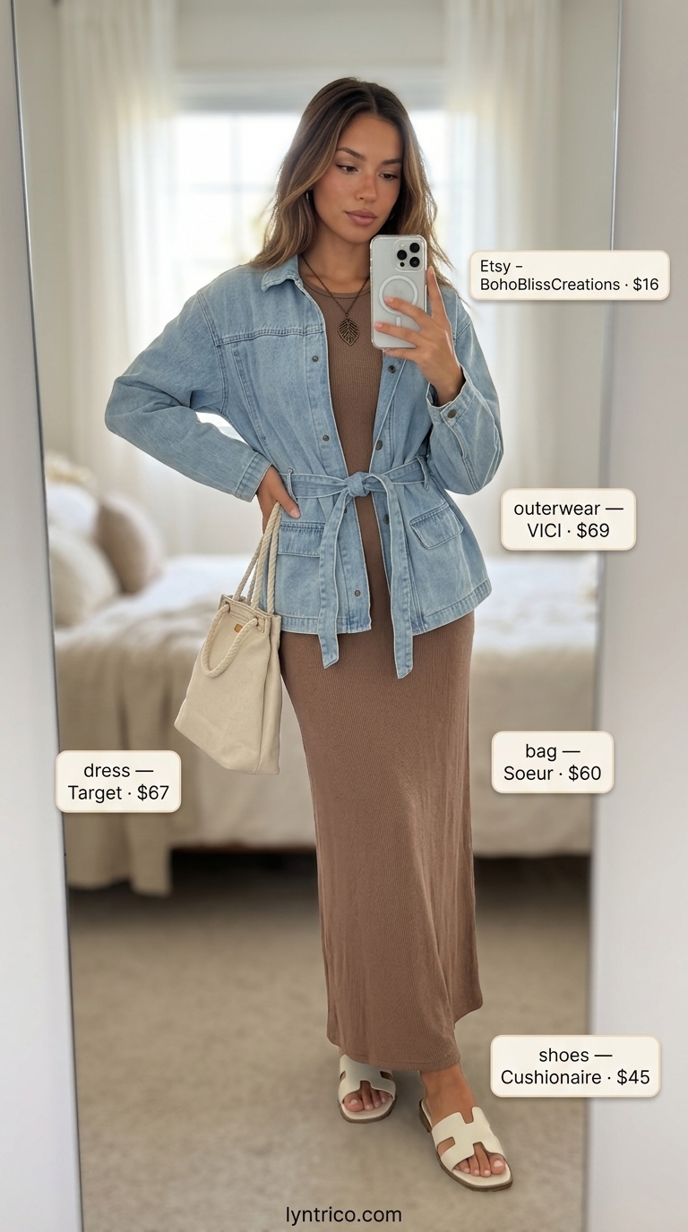 Tan A-line sleeveless maxi dress for women 2026, styled for casual summer evenings with a denim jacket and flat sandals.