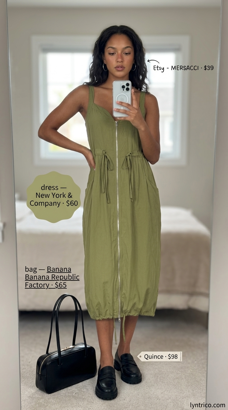 Olive green cotton twill A-line sleeveless dress for women 2026, for modern work-friendly style.