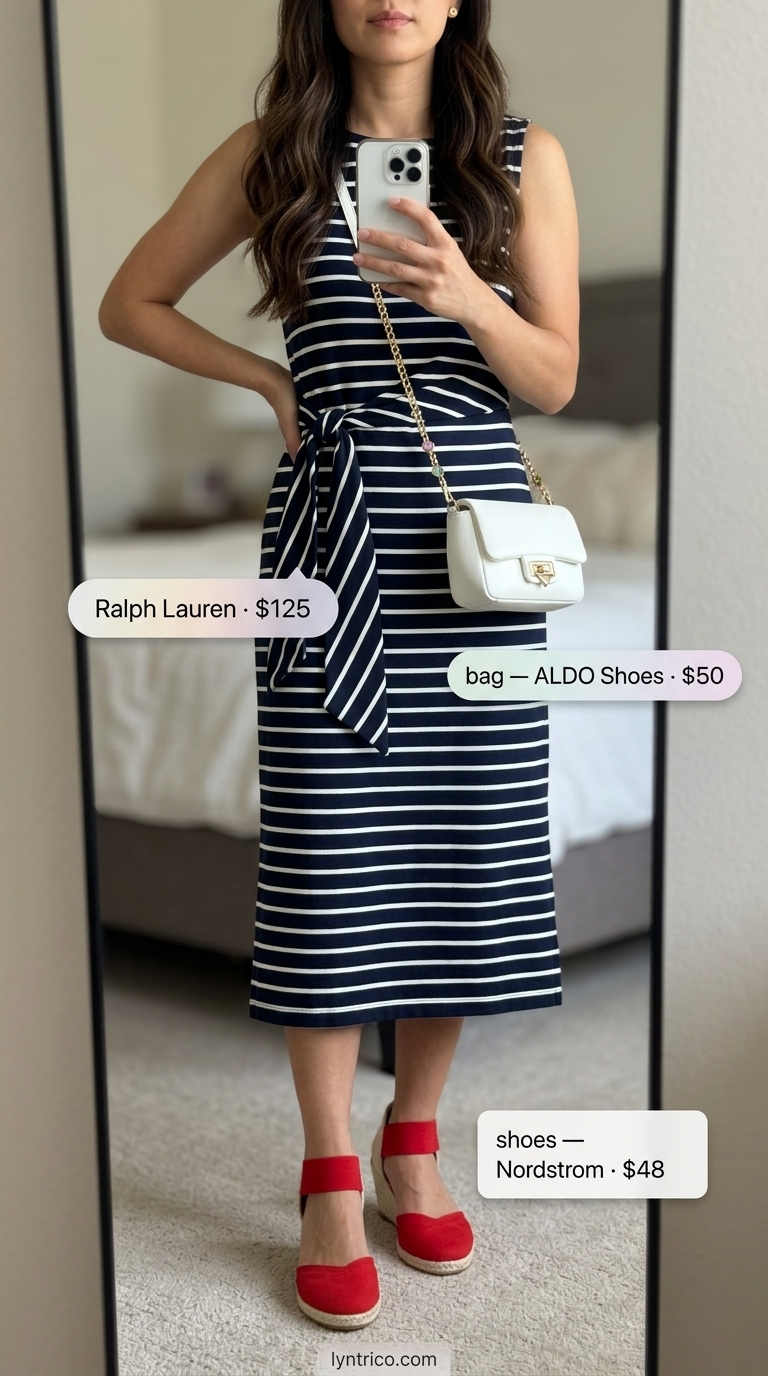 Navy and white striped cotton A-line sleeveless dress for women 2026, for nautical Riviera style.
