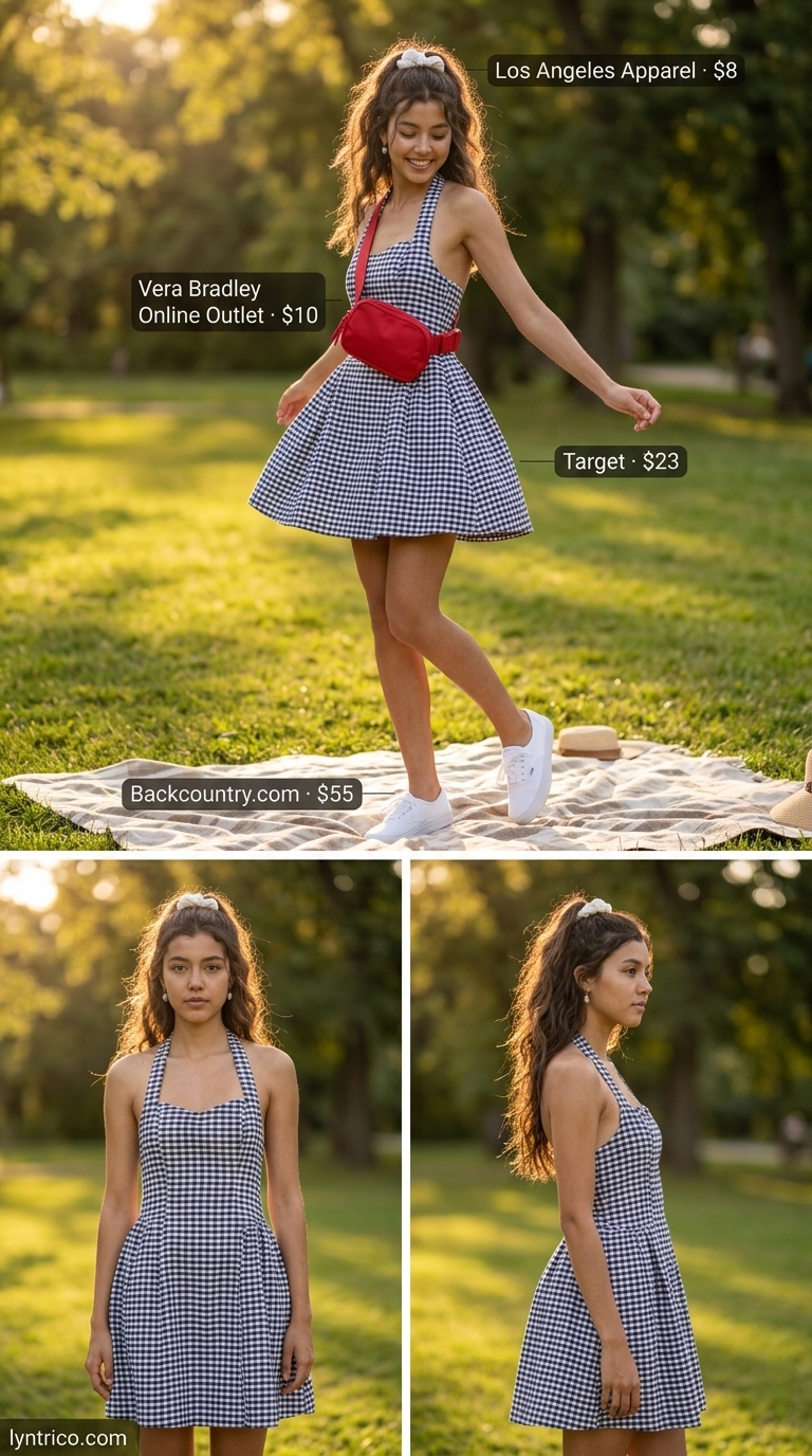 Navy and white gingham A-line sleeveless dress for women 2026, for a playful park picnic.