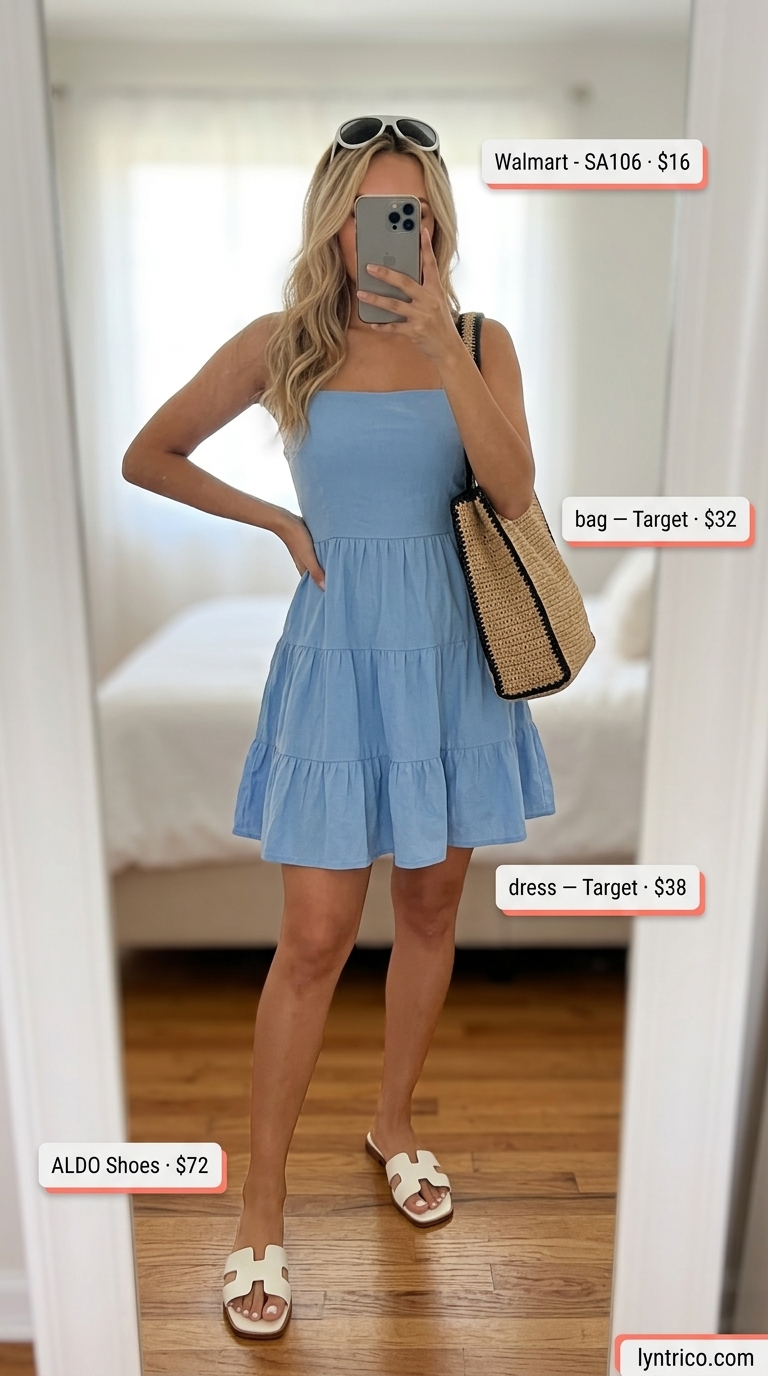 Sky blue linen A-line sleeveless dress for women 2026, perfect for beach vacation wear.