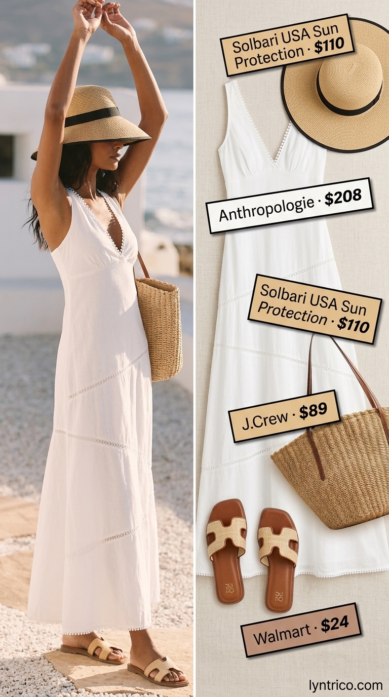 White A-line sleeveless maxi dress for women 2026, perfect for beach days and resort wear. Accessorized with straw tote and sandals.