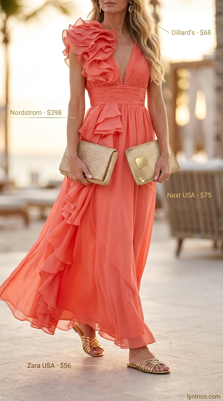 Vibrant coral A-line sleeveless maxi dress for women 2026, ideal for tropical vacations and beachside dinners.