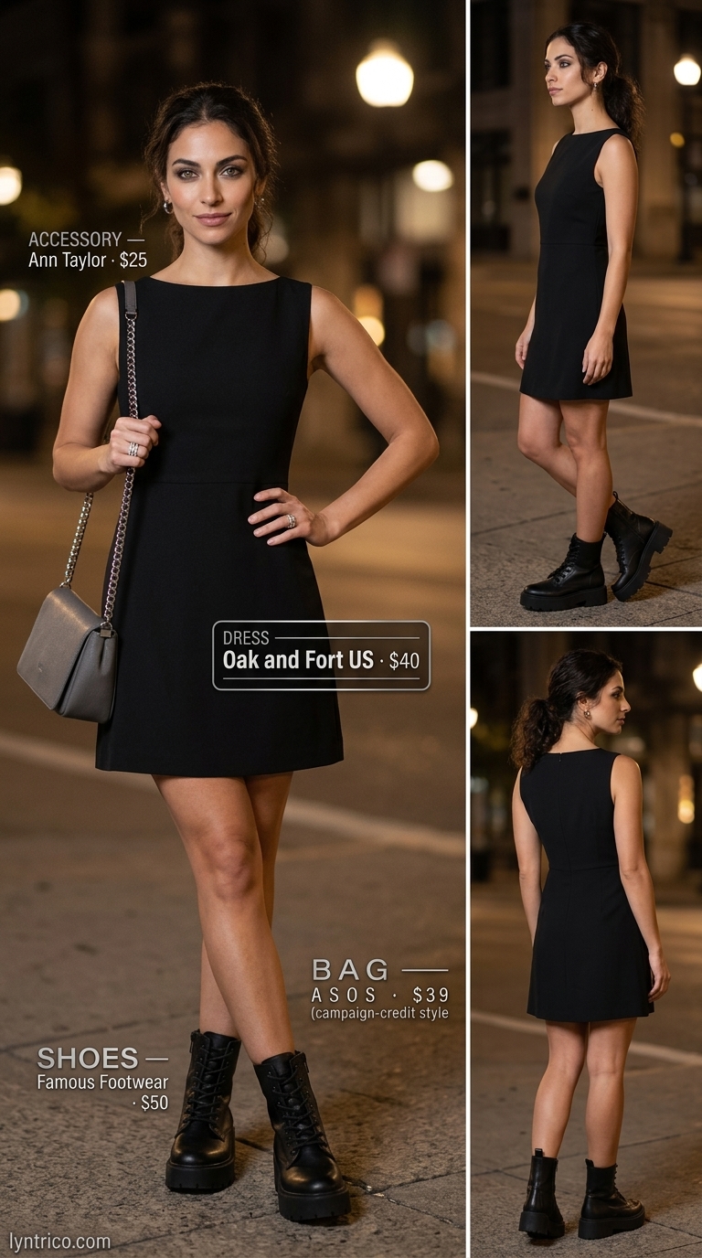 Black Tencel A-line sleeveless dress for women 2026, styled with combat boots for an edgy look.
