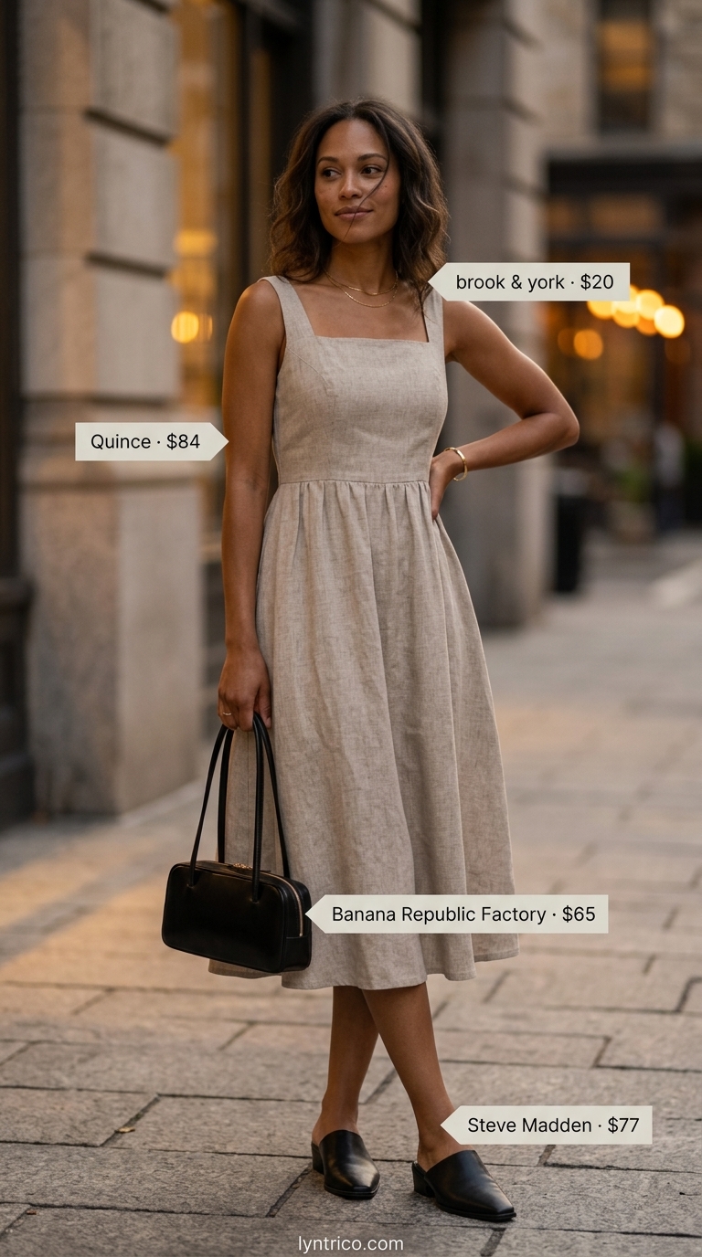 Minimalist beige linen A-line sleeveless dress for women 2026, paired with black mules and gold accessories for a chic dinner.