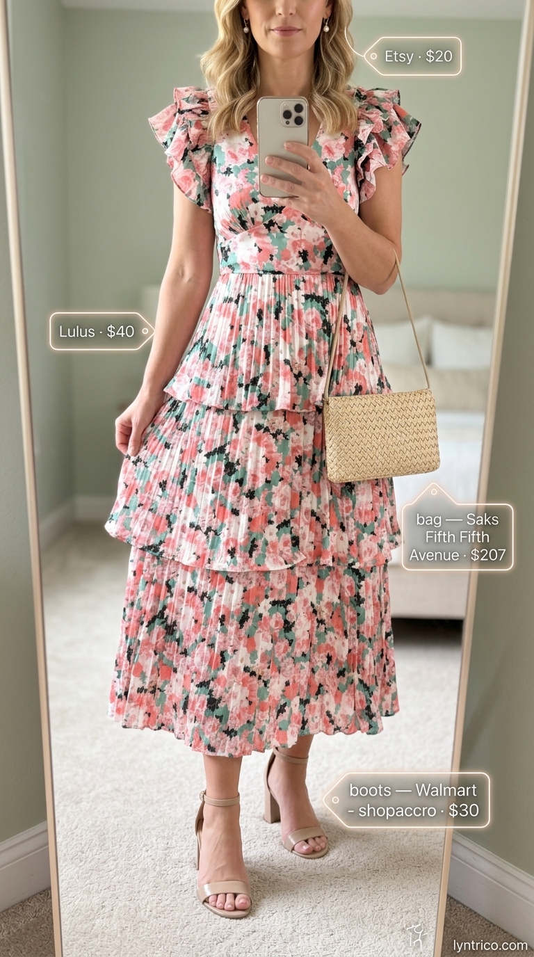 Elegant pastel pink floral print A-line midi dress for women 2026, perfect for garden parties or weddings.