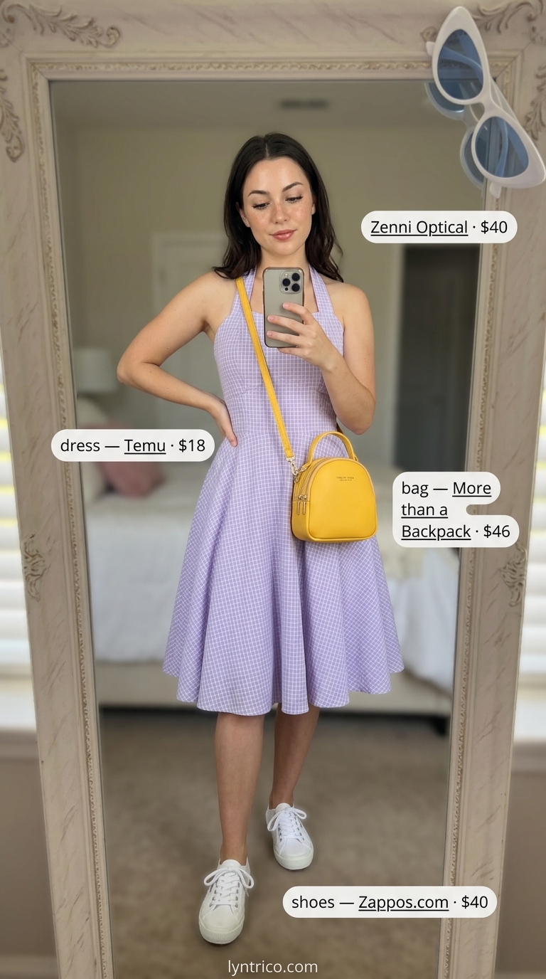 Whimsical lavender polka dot A-line sleeveless mini dress for women 2026, great for picnics or casual outings.