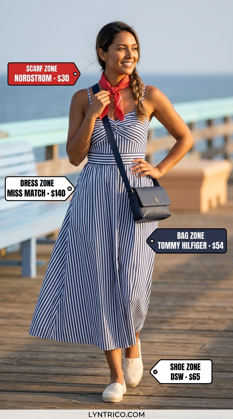 Classic navy and white stripe A-line sleeveless maxi dress for women 2026, perfect for vacation or a cruise.