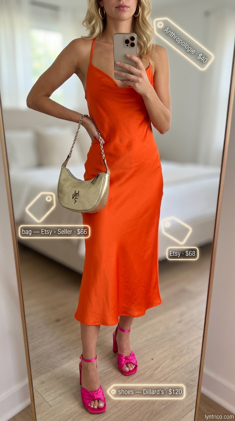 Glamorous vivid orange matte satin A-line midi dress for women 2026, ideal for cocktail parties and date nights.
