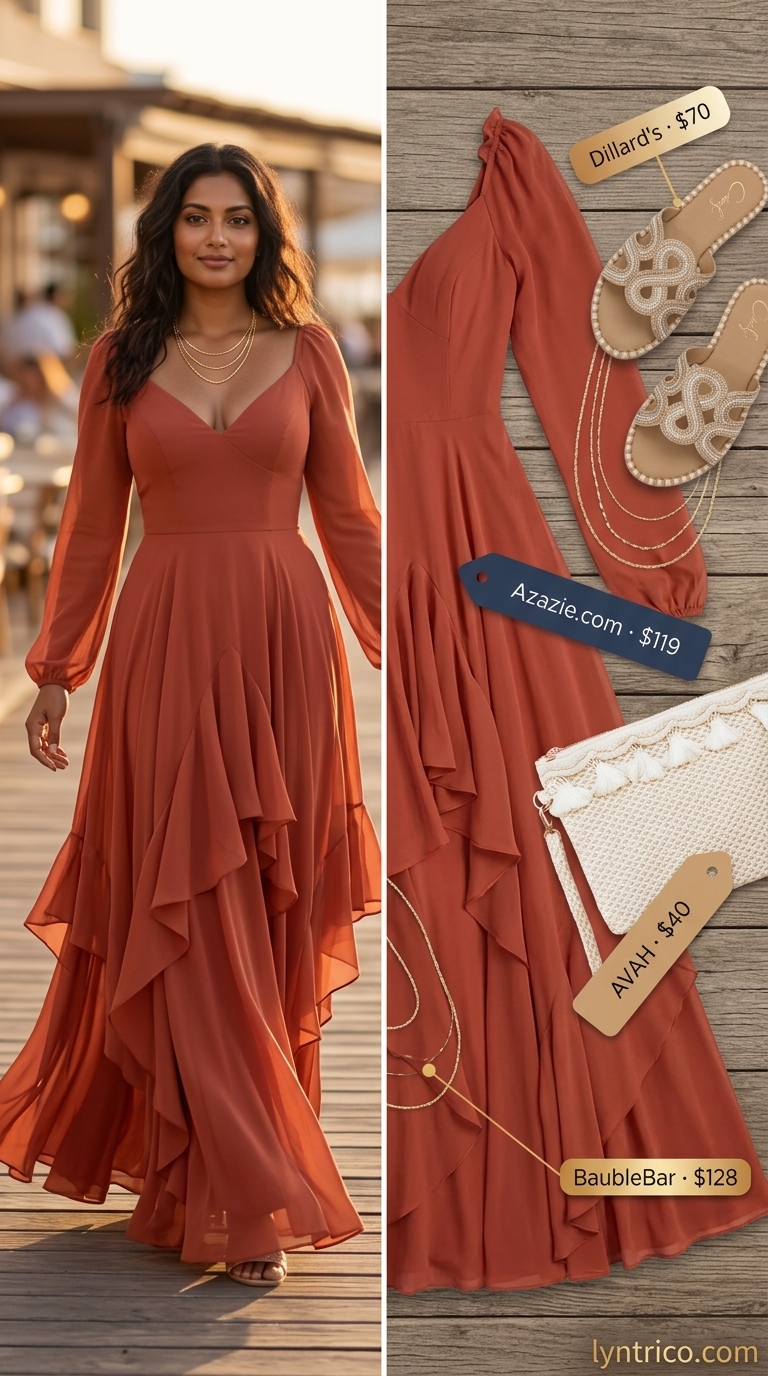 Bohemian Summer Beach Vacation Outfits for Women 2026 Bohemian sunset caftan: terracotta maxi dress, gold necklaces, straw hat & clutch for summer beach vacation outfits for women 2026.
