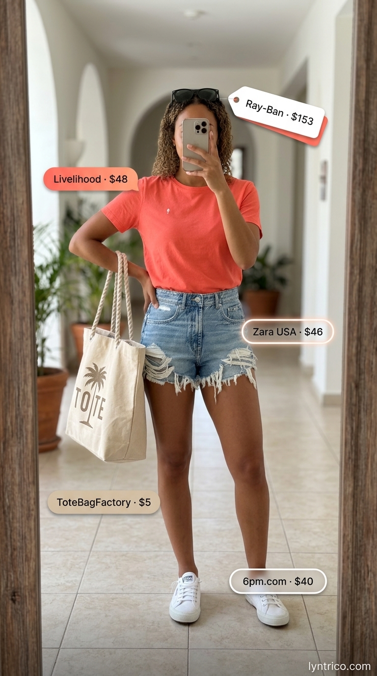 Casual Summer Beach Vacation Outfits for Women 2026 Denim shorts, coral t-shirt, canvas tote for summer beach vacation outfits for women 2026.