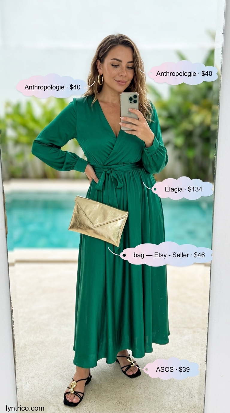 Glamorous Summer Beach Vacation Outfits for Women 2026 Emerald green silk kaftan, gold hoops, embellished sandals for summer beach vacation outfits for women 2026.