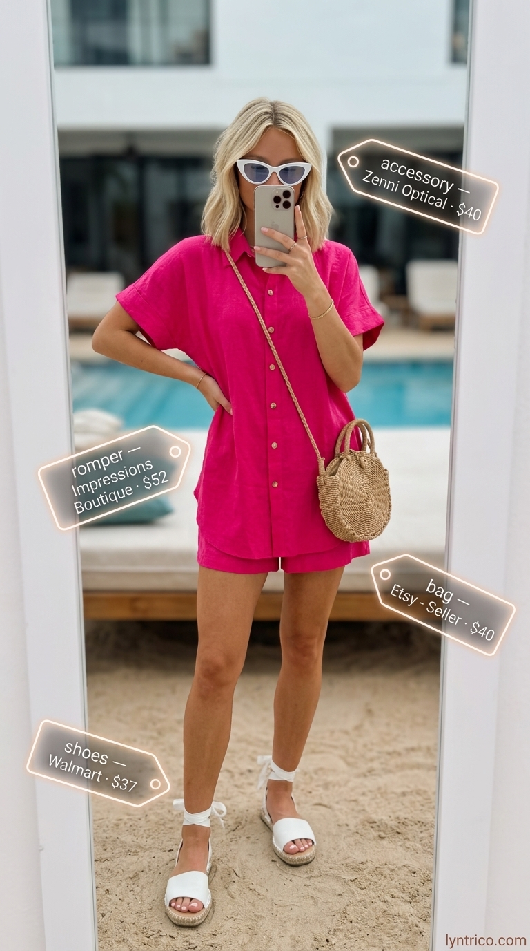 Playful Summer Beach Vacation Outfits for Women 2026 Fuchsia linen romper, white cat-eye sunglasses, straw crossbody bag for summer beach vacation outfits for women 2026.