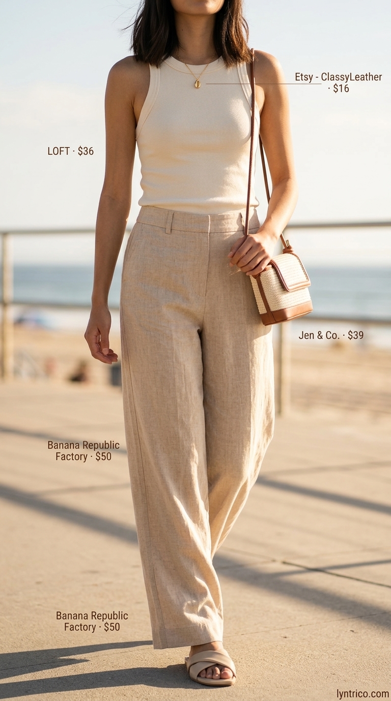 Elegant Summer Beach Vacation Outfits for Women 2026 Coastal linen escape: cream wide-leg pants, beige tank top, straw bag for summer beach vacation outfits for women 2026.