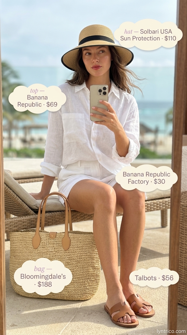 Relaxed Summer Beach Vacation Outfits for Women 2026 Effortless beachside chic: oversized linen shirt, linen shorts, straw hat, beach tote for summer beach vacation outfits for women 2026.