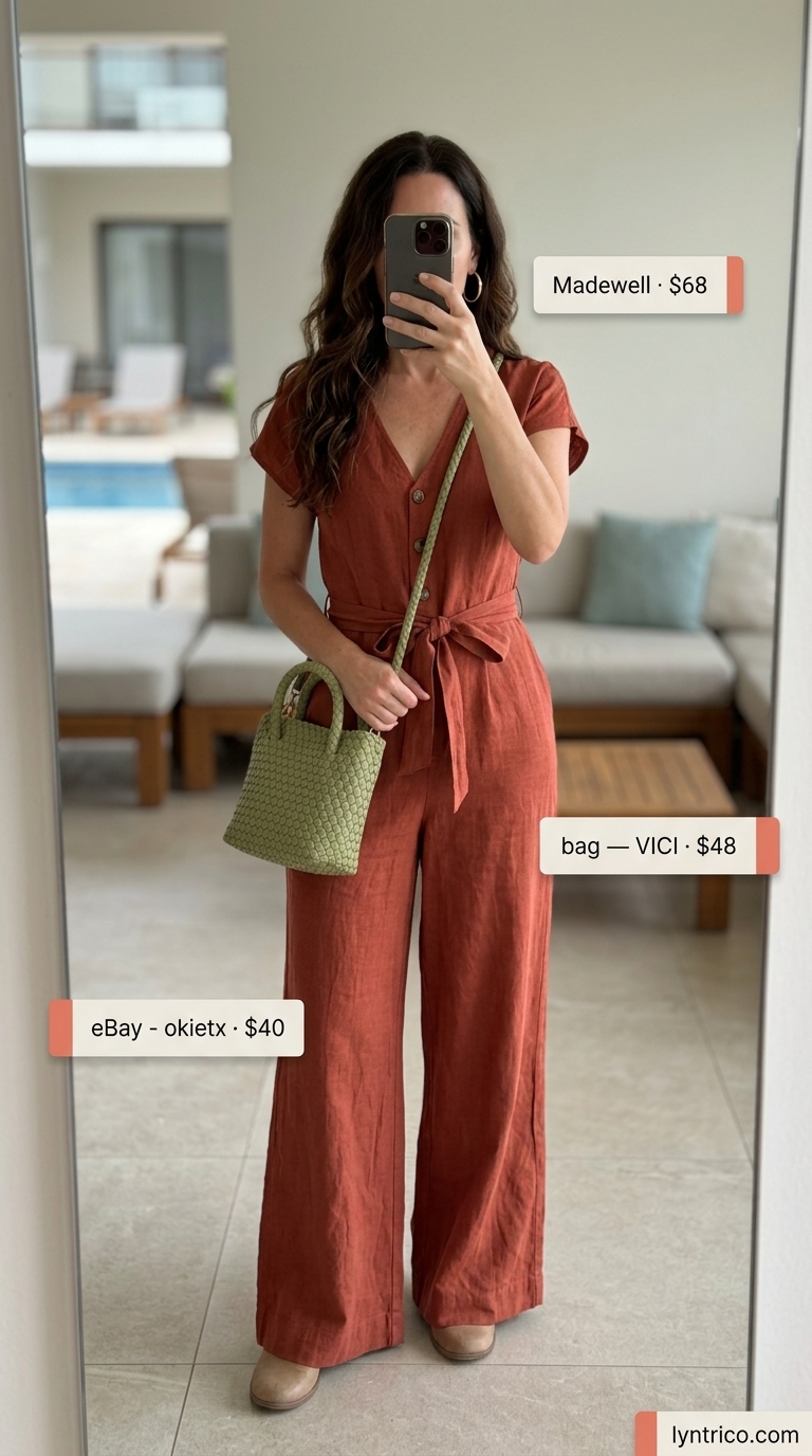 Chic Summer Beach Vacation Outfits for Women 2026 Terracotta jumpsuit: linen blend jumpsuit, olive crossbody bag, gold hoops for summer beach vacation outfits for women 2026.