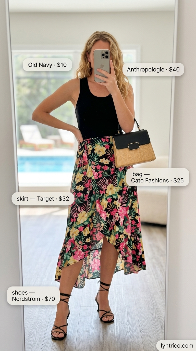 Vibrant Summer Beach Vacation Outfits for Women 2026 Tropical print midi skirt, black tank top, gold hoops for summer beach vacation outfits for women 2026.