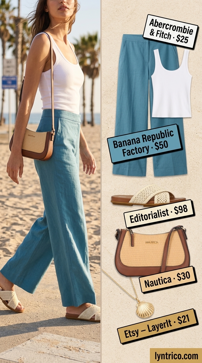Summer Beach Vacation Outfits for Women 2026: Wide-Leg Pants Azure blue wide-leg pants and white tank for summer beach vacation outfits for women 2026.