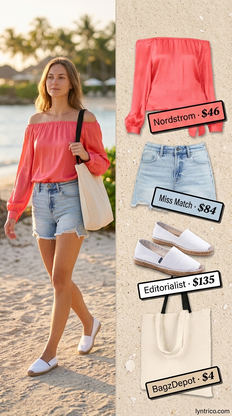Coral pink off-shoulder blouse, distressed denim shorts for summer beach vacation outfits for women 2026.
