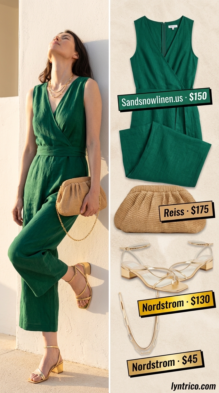 Summer Beach Vacation Outfits for Women 2026: Emerald Jumpsuit Emerald green wide-leg jumpsuit for summer beach vacation outfits for women 2026.