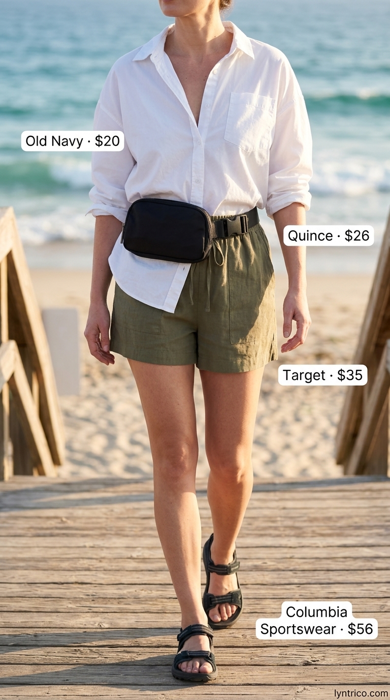 Summer Beach Vacation Outfits for Women 2026: Hiking Style Olive green utility shorts, black tank, and white button-down for summer beach vacation outfits for women 2026.
