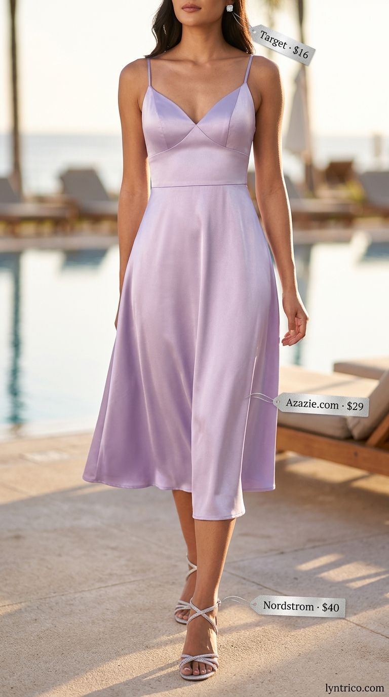 Summer Beach Vacation Outfits for Women 2026: Evening Elegance Soft lavender satin midi dress with silver heels for summer beach vacation outfits for women 2026.