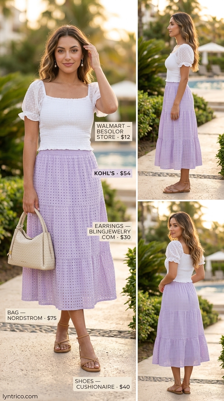 Lavender Garden Escape: Summer Beach Vacation Outfits 2026 Lavender tiered midi skirt outfit for summer beach vacation 2026. Feminine look for romantic dinners.